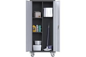 Reemoon Broom Storage Cabinet with Wheels, Metal Garage Storage Cabinet with Hanging Rod, 71" H Rolling Broom Closet with Locking Doors and Shelves,Required Assembly