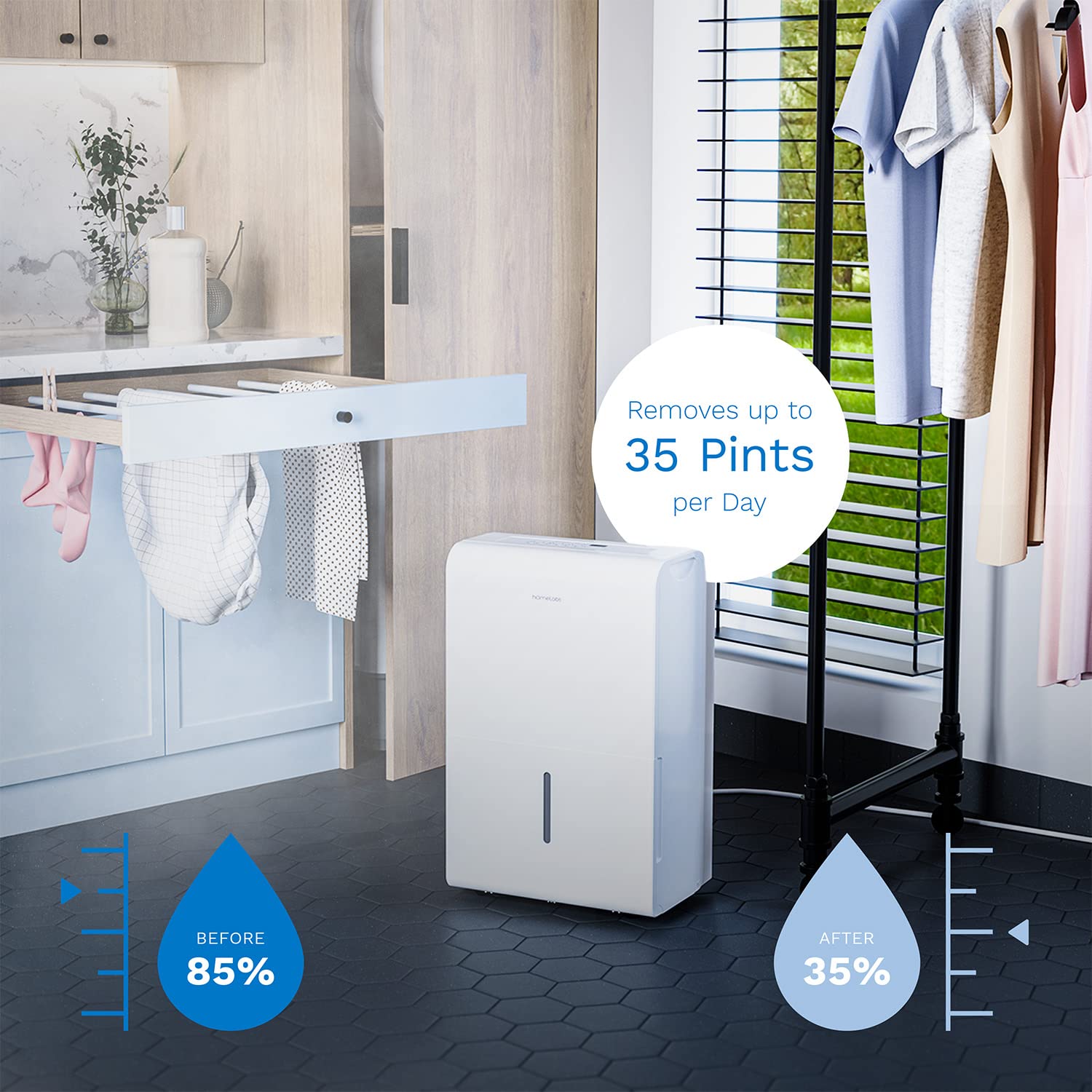 hOmeLabs 3000 Sq. ft. Energy Star Dehumidifier - Ideal for Medium to Large Rooms, Bedrooms and Home Basements - Powerful Moisture Removal and Humidity Control - 35 Pint