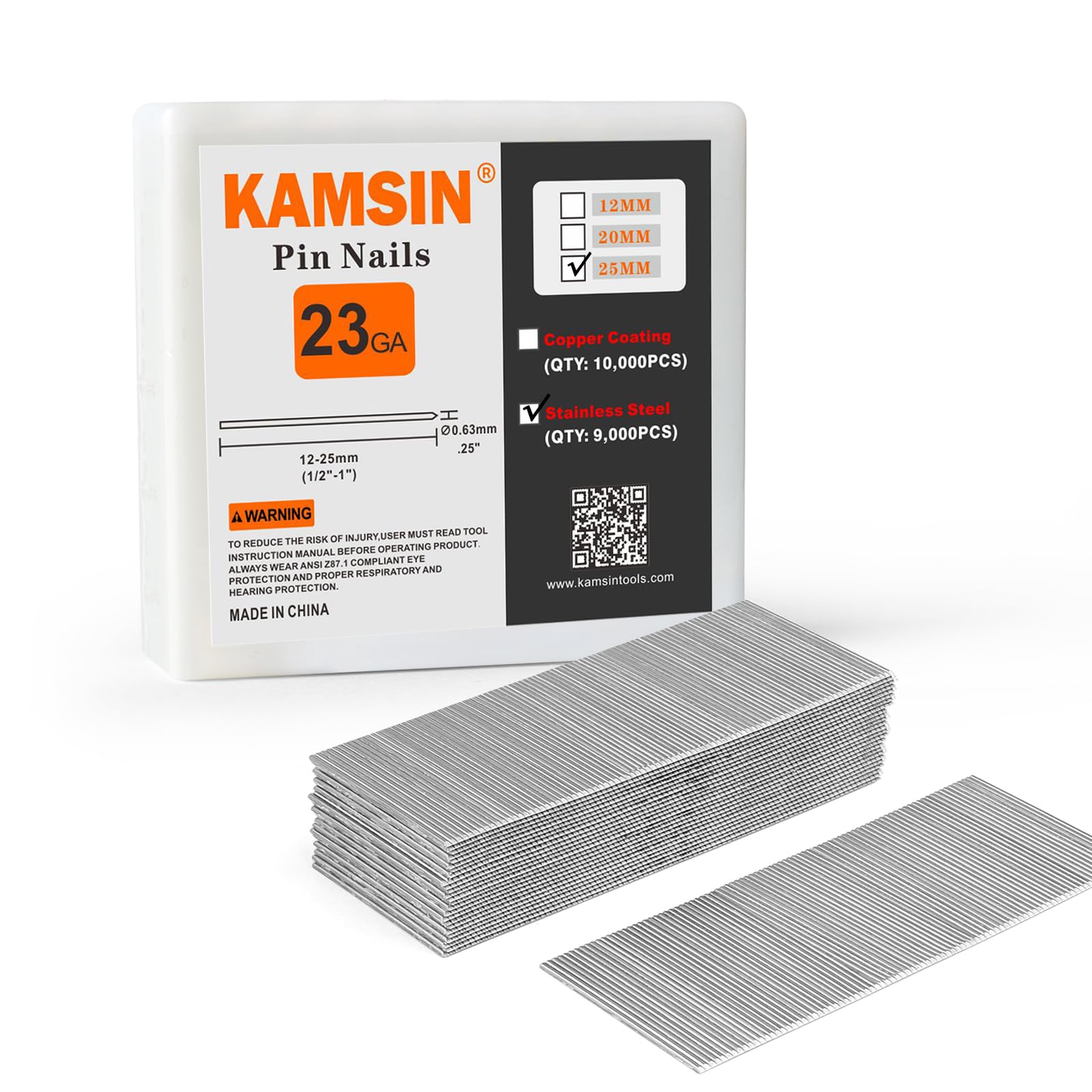 KAMSIN P625SS Headless Pin Nails, 23 Gauge 1'' (25mm) Leg Length pinner nails, 9,000 PCS/BOX, woodworking nails Fasteners for Pneumatic Pin Nailer Air Pin Nail Gun