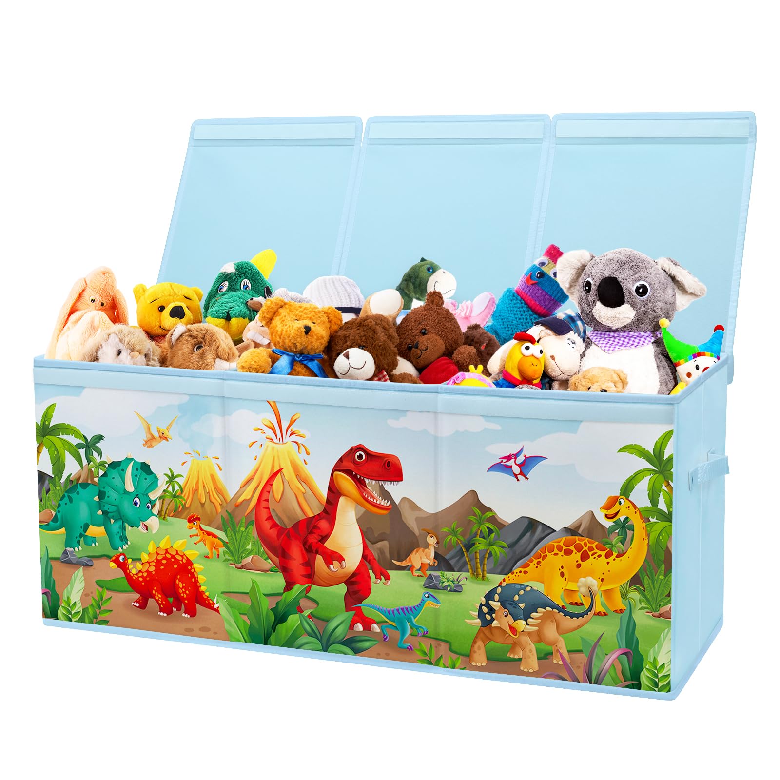 Decalsweet Extra Large Kids Toy Storage Box with Lid,Foldable Oxford Toy Storage Organizer Box for Boys-96×32×40cm-Lightweight Toy Chest with Handles for Bedroom Nursery,Dinosaur Volcano