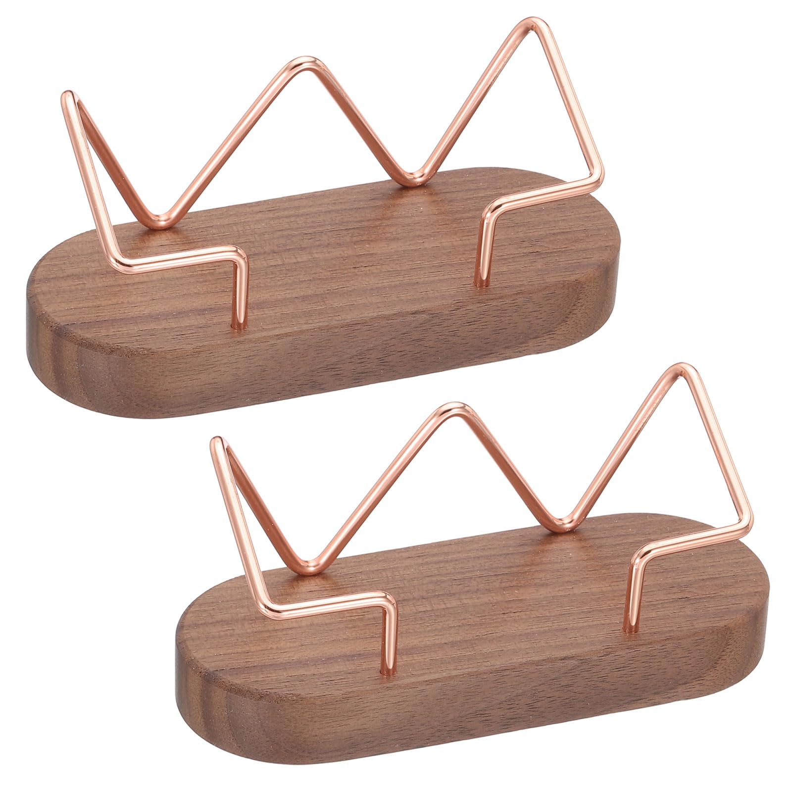 PATIKIL Wood Business Card Holder for Desk, 2 Pcs Desktop Business Card Holder Wooden Name Card Display Stand Organizer for Office Home Exhibition, Walnut Color, Rose Gold (Oval Based)