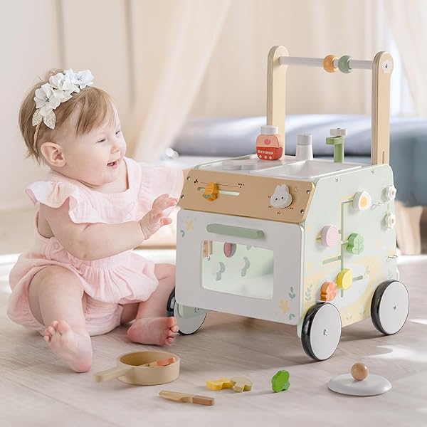 ROBOTIME BABY WALKER PUSH TOY, ADJUSTABLE HEIGHT & SPEED, PREVENTS BOW LEGS, SPRING GARDEN ACTIVITY CENTER WITH CLOCK, SHAPE SORTER, PLAY KITCHEN, AND SINK, IDEAL TODDLER WALKING TOY FOR 10+ MONTHS