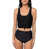 Coral Reef Swim Tankini Swimsuits for Women -Knotted Front Tankini Tops with Mid-High Ruched Swim Bottoms Tankinis - Black