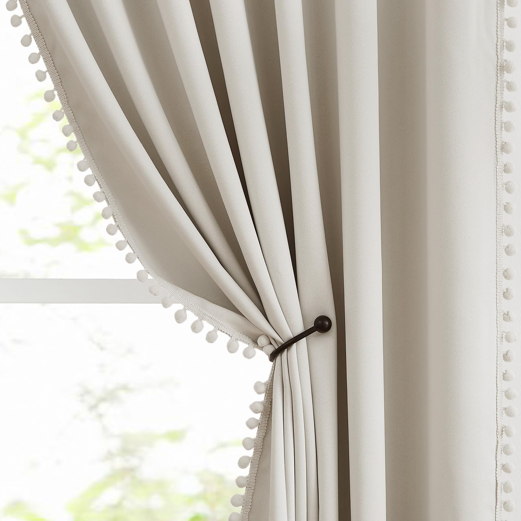 Ivory Pom Pom Blackout Curtains for Bedroom 90 inch Long Beige Thermal Insulated Energy Saving Room Darkening Window Curtains for Living Room Guest Kids Girls Room Drapes 54"W 2 Panels Eyelet