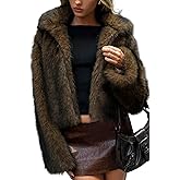 ELLEVEN Women's Two-Tone Faux Fur Coat - Fluffy Winter Jacket with Lapel Collar, Hooks & Pockets