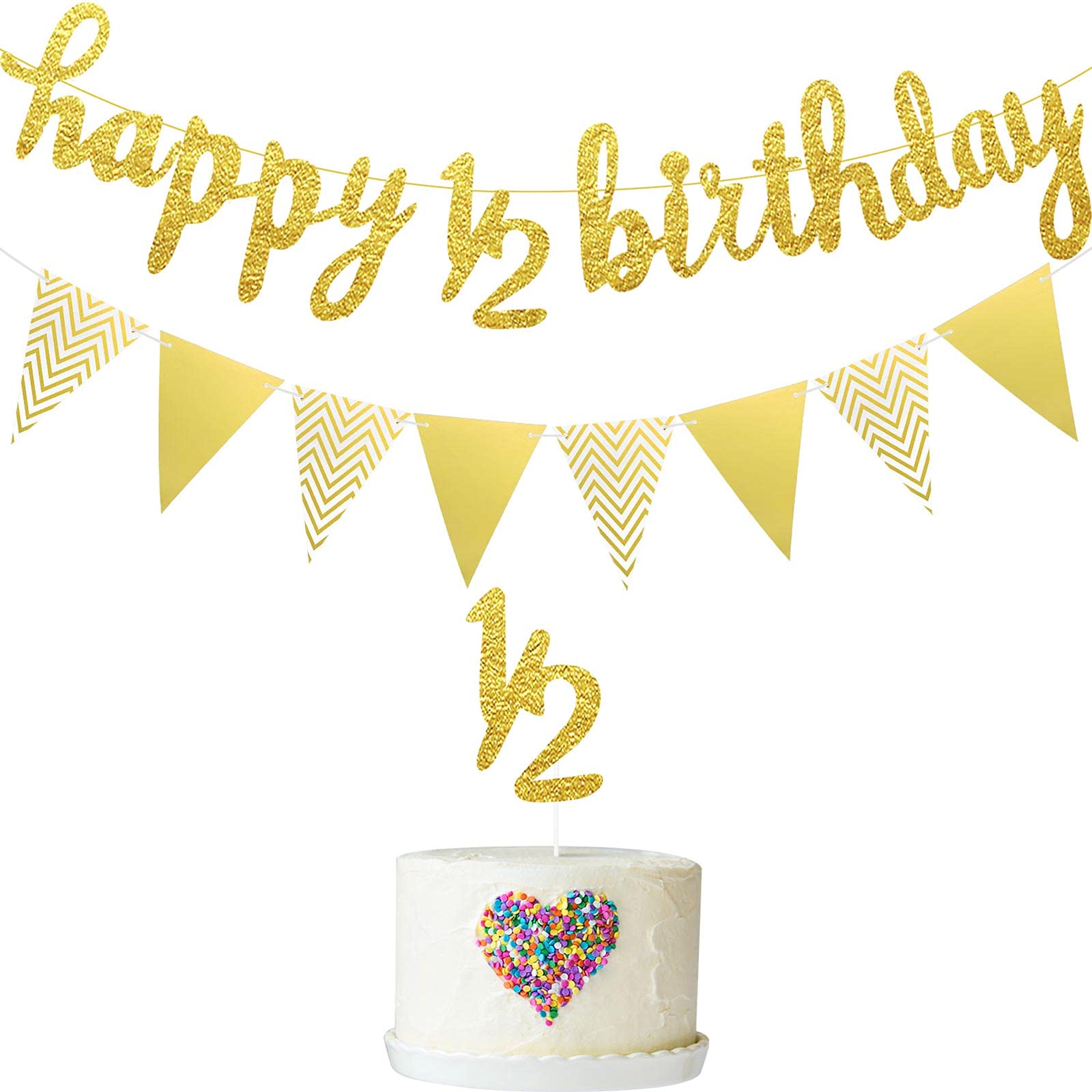 Photo 1 of Boao Pre- Strung Half Birthday Decorations Set 6 Months Happy 1/2 Birthday Banner, Glitter 1/2 Half Year Cake Topper, Triangle Flag Banner for Baby Shower Party Photoshoot Props (Gold)