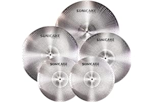 SONICAKE Low Volume Cymbal Pack Quiet Cymbal Set 14" Hi-Hat+16" Crash+18" Crash+20" Ride Cymbal Practice Set of 5pcs Silver