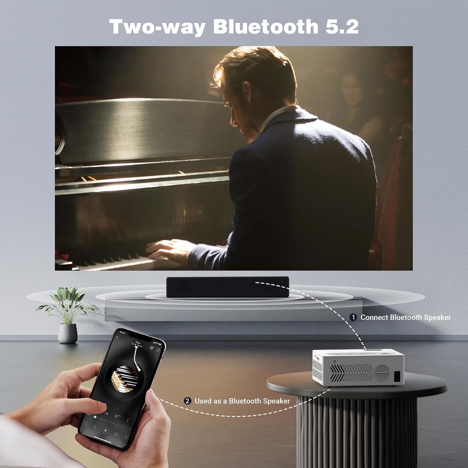 Beamer, Mini Beamer Tragbarer, Full HD 1080P unterstützt Projektor, 50%-100% Zoom, Bluetooth 5.2, 200 Zoll Heimkino, Kompatibel mit Smartphone/TV Stick/Laptop