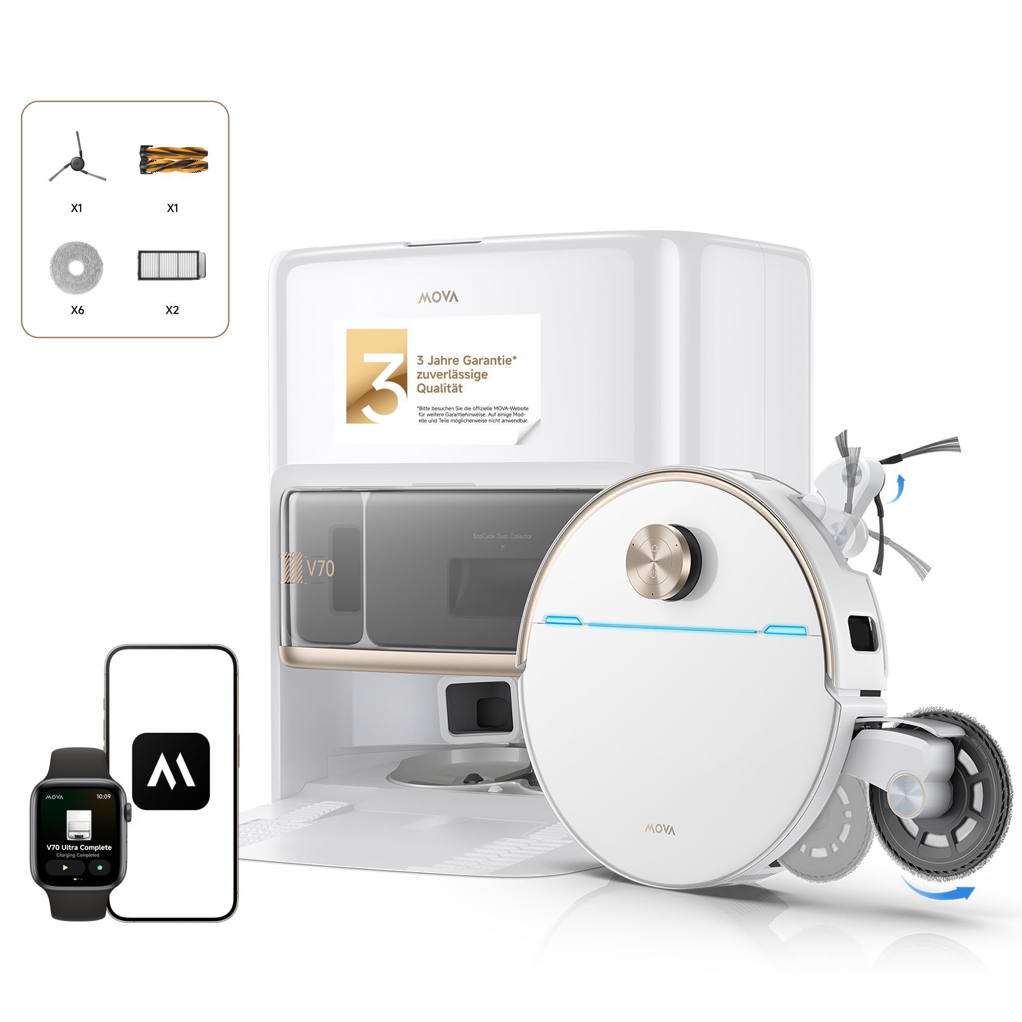 Mova V70 Ultra Complete X Saugroboter, MaxiReachX-Doppelverlängerung Seitenbürste & Mopp, 40.000 Pa Saugkraft, 15N Abwärtsdruck & 300 U/min Wischen, 9 cm Hindernisüberwindung, EcoCyclone-Staubbehälter