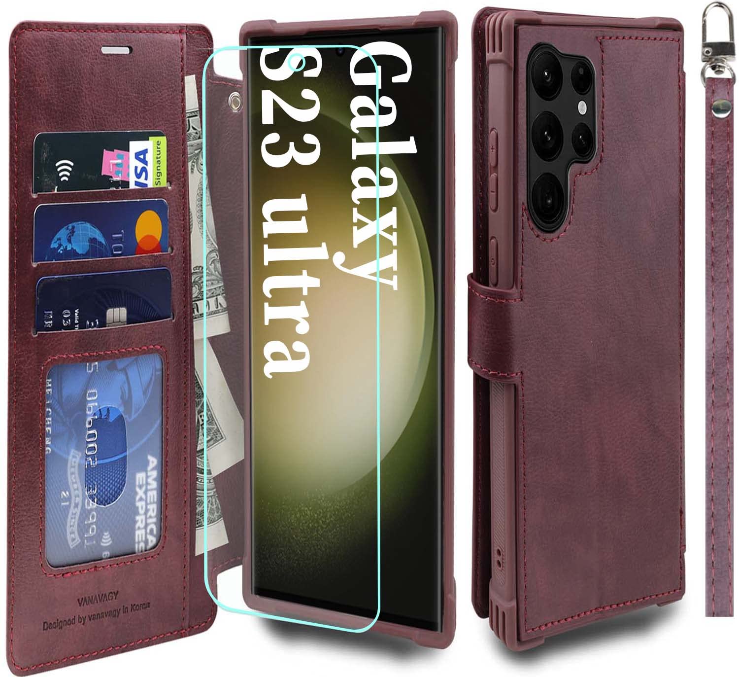 VANAVAGY Compatible for Galaxy S23 Ultra Wallet Case, 12ft Drop Protection, RFID Blocking PU Leather Flip Cover, Card Holder & Kickstand, Shockproof Phone Case for S23 Ultra-6.8 Inch, Burgundy