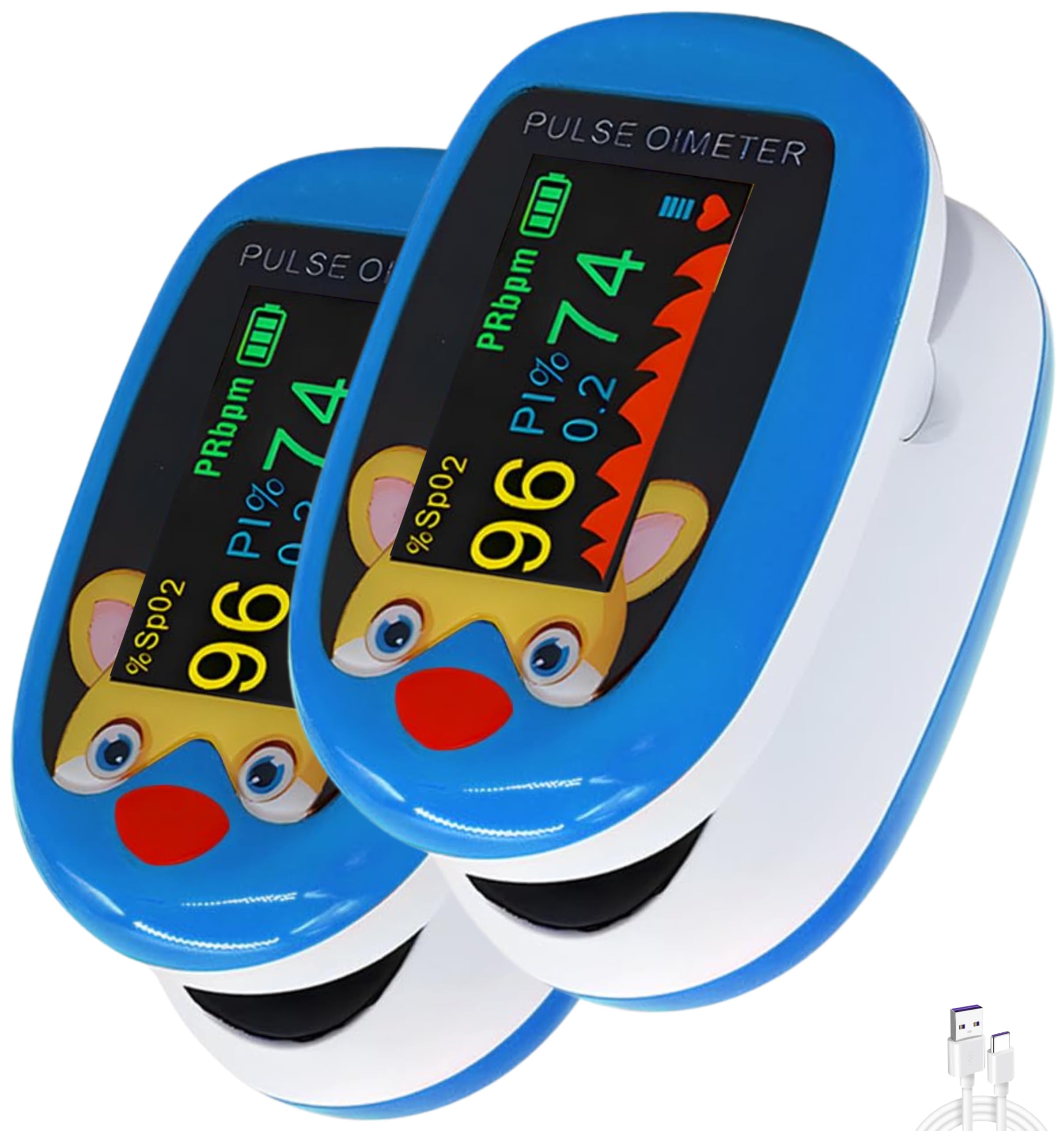 Pediatric Pulse Oximeter (x2 pack) Heart Rate Stats Monitor Kids Finger Blood Oxygen Saturation Monitoring, Children SpO2 Levels TFT Lanyard & USB (Blue Kids Pulse Oximeter x2)