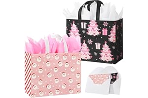 STYPOP 2 Pack 13" Large Pink Christmas Gift Bags with Tissue Paper & Greeting Cards, Reusable Non-Woven Christmas Bags with Handles, Perfect for Gift Wrap/Party Favor Supplies, 13" × 10.2" × 6"
