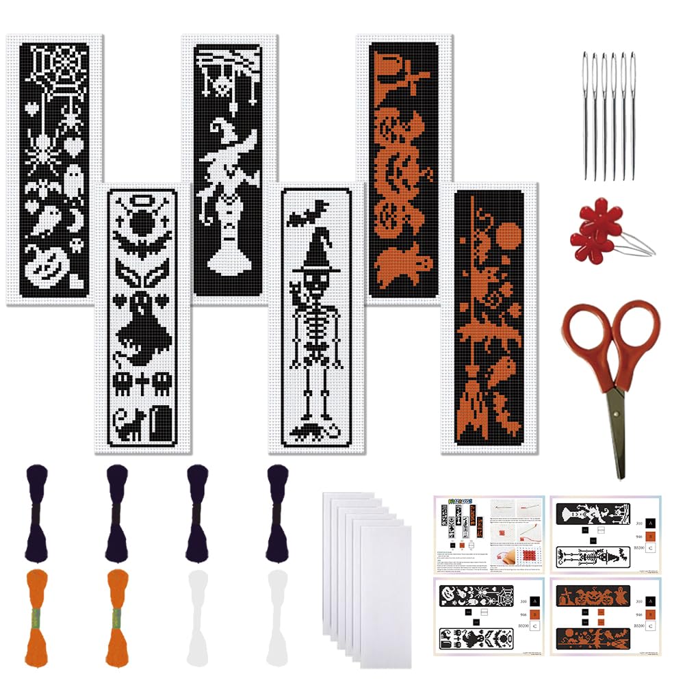 FREEBLOSS 6 Set Halloween Cross Stitch Bookmark Stamped Cross Stitch Kit with Magic Dream Patterns Skeleton Witch Cat Embroidery Kit with Instruction DIY Bookmark Kit for Gift Adults 8.67''x3''