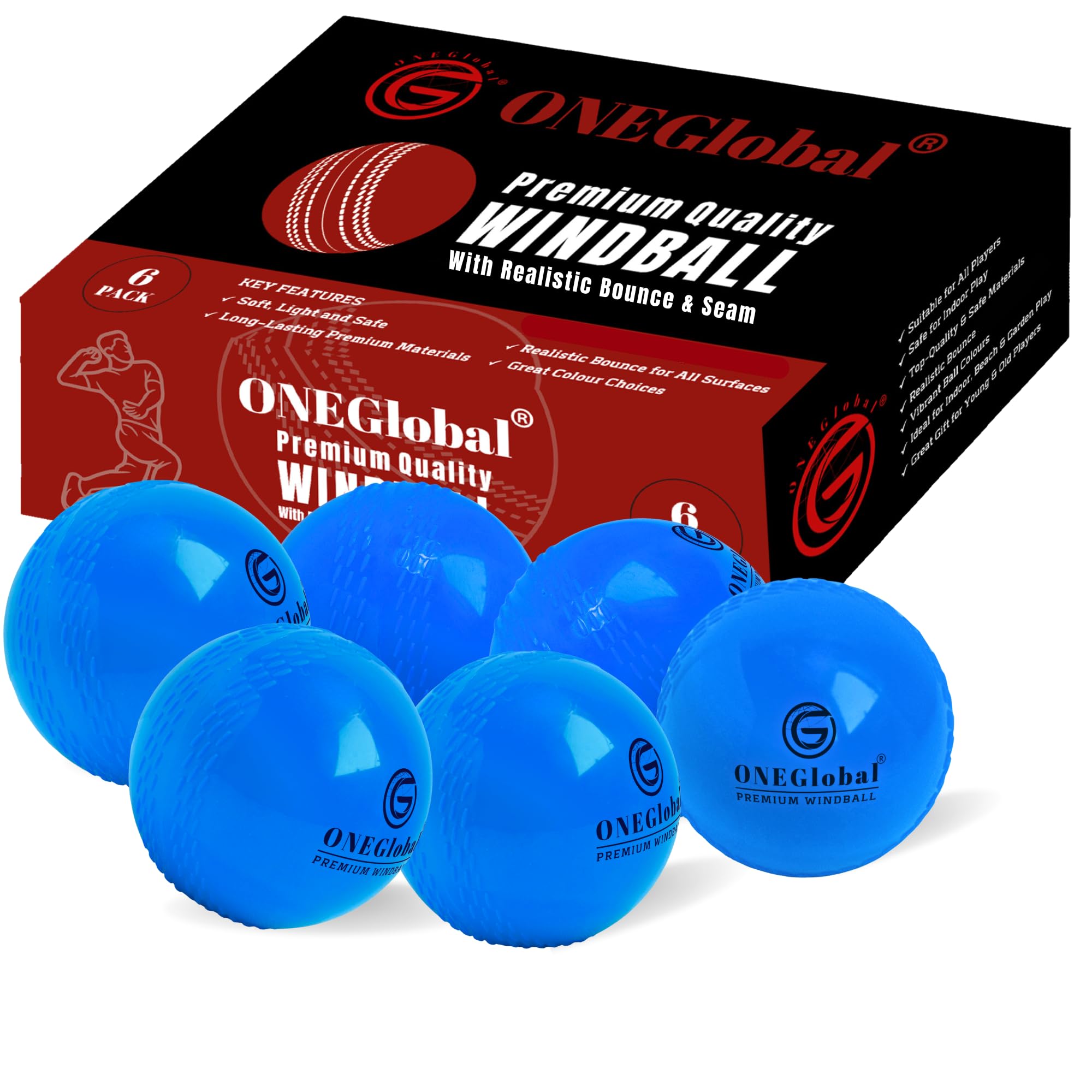 ONEGlobal Premium Windball Soft Cricket Ball | Durable, Embossed Seam, True Bounce & Swing | Wind Ball Cricket Balls for Outdoor & Indoor Practice, Coaching, Garden & Beach Games (6-BLUE)