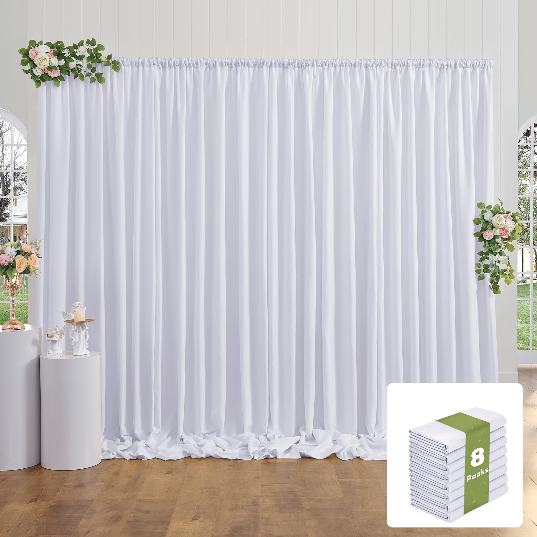Photo 1 of 40x10FT White Backdrop Curtains for Party, 8 Panels 5x10FT Thick Polyester Backdrop Drapes, Wrinkle Resistant Photography Background Drapes for Wedding Birthday Home Decoration