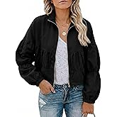 Watashi Women Cropped Bomber Jacket Casual Lightweight Spring Fall Lapel Coat Balloon Long Sleeve Streetwear Outerwear