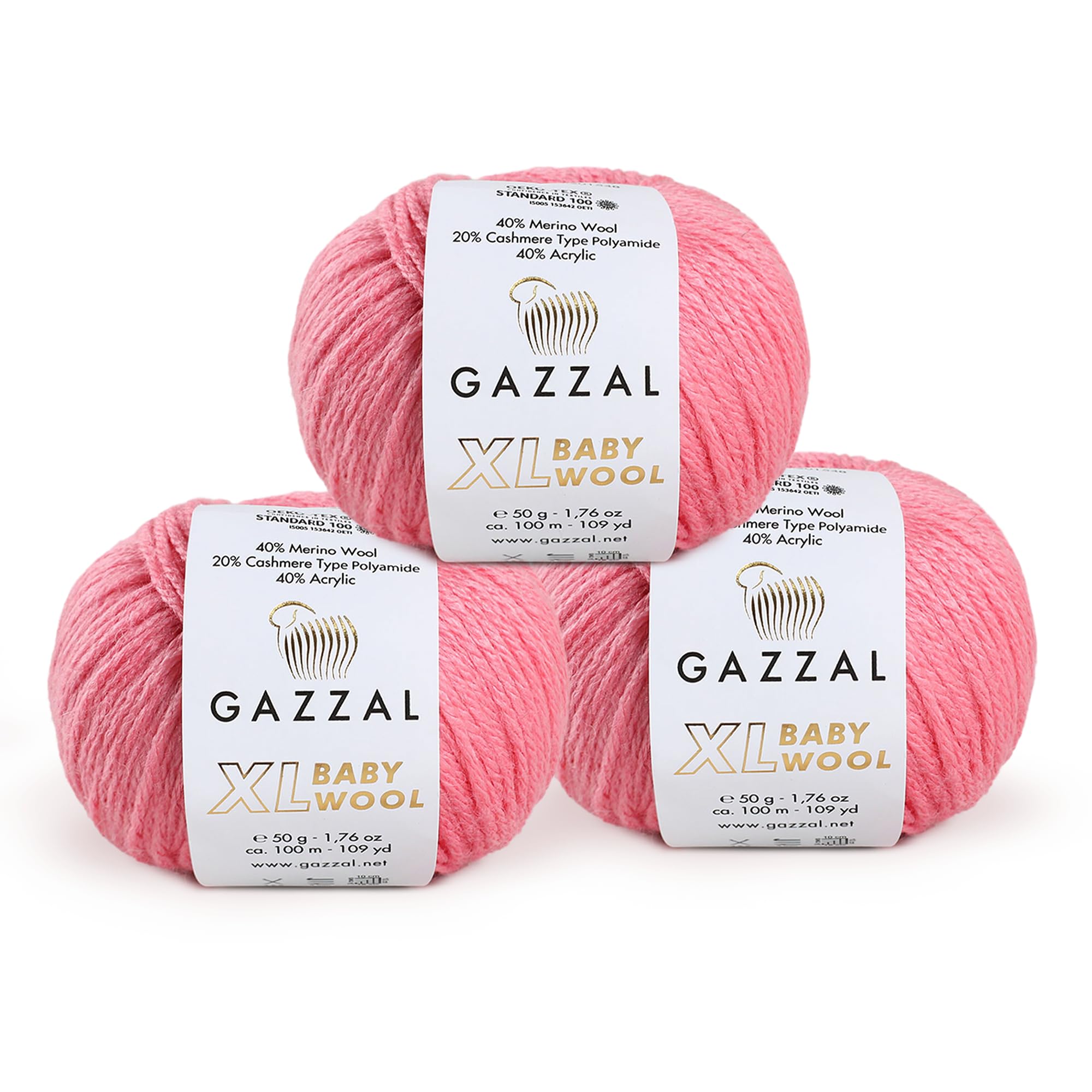 3 Pack (Ball) Gazzal Baby Wool XL Total 5.28 Oz / 328 Yrds, Each Ball 1.76 Oz (50g) / 109 Yrds (100m) Super Soft, Medium-Worsted Yarn, 40% Lana Merino 20% Cashmere Type Polyamide, Pink - 828