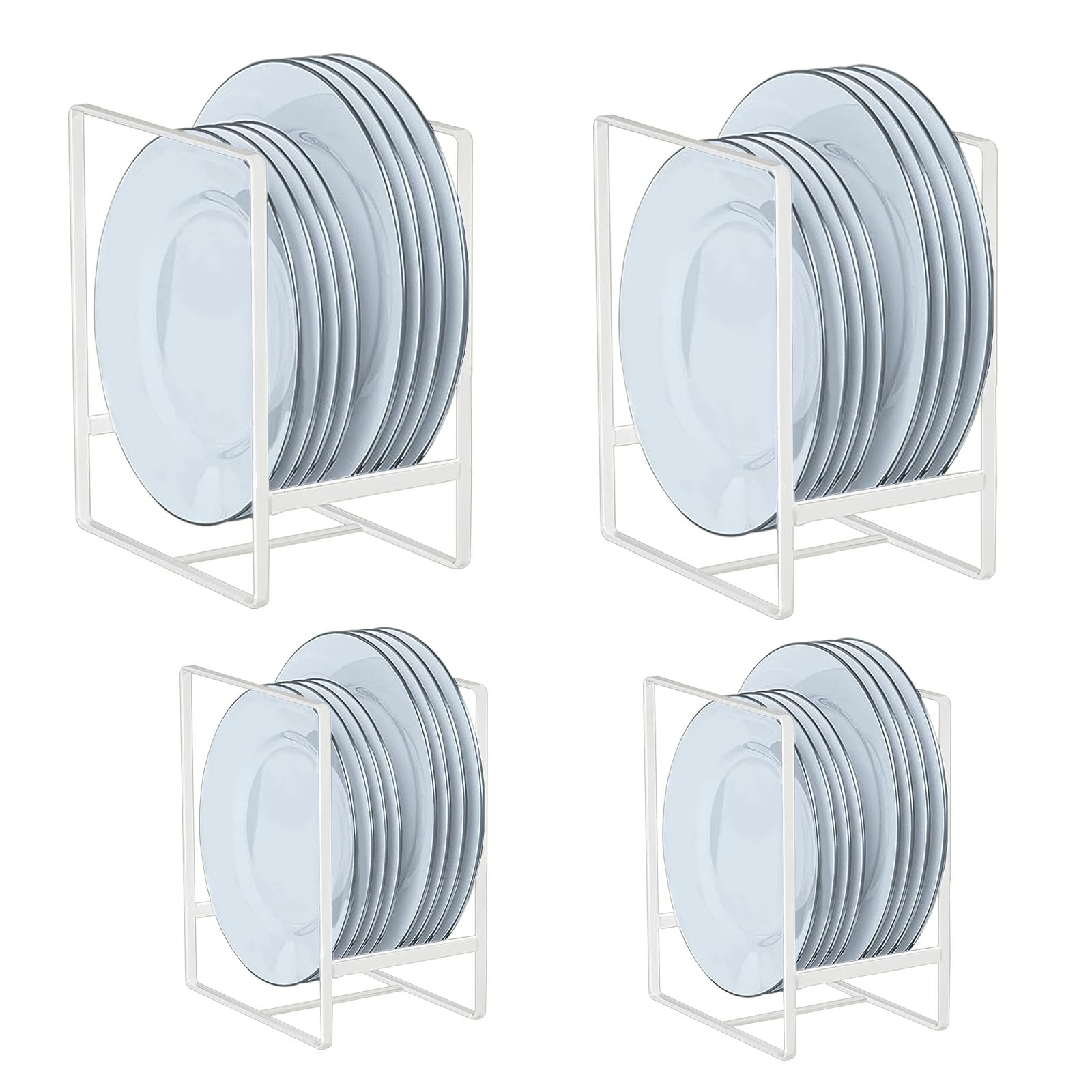 TUAKIMCE 4 Pack Plate Storage Rack, Plate Holders Organizers, Vertical Plate Dish Organizers Drying Racks Drainer, Cabinet Dish Drying Rack Metal Stands for Countertop and Cupboard White