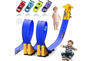 PUPPILUV Flex Race Track 16 Ft with Start Gate Accessories Compatible with Diecast 1/64th Cars, Flexible Car Track Toys for Ages 3+ Kids Toddlers Roll Out Portable Racetrack (Blue)