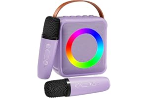 VERKB Mini Karaoke Machine for Kids Adults, Portable Bluetooth Speaker with 2 Wireless Microphones, Microphone Speaker Set with LED Disco Lights for Home Party, Birthday Gifts for Girls Boys(Purple)