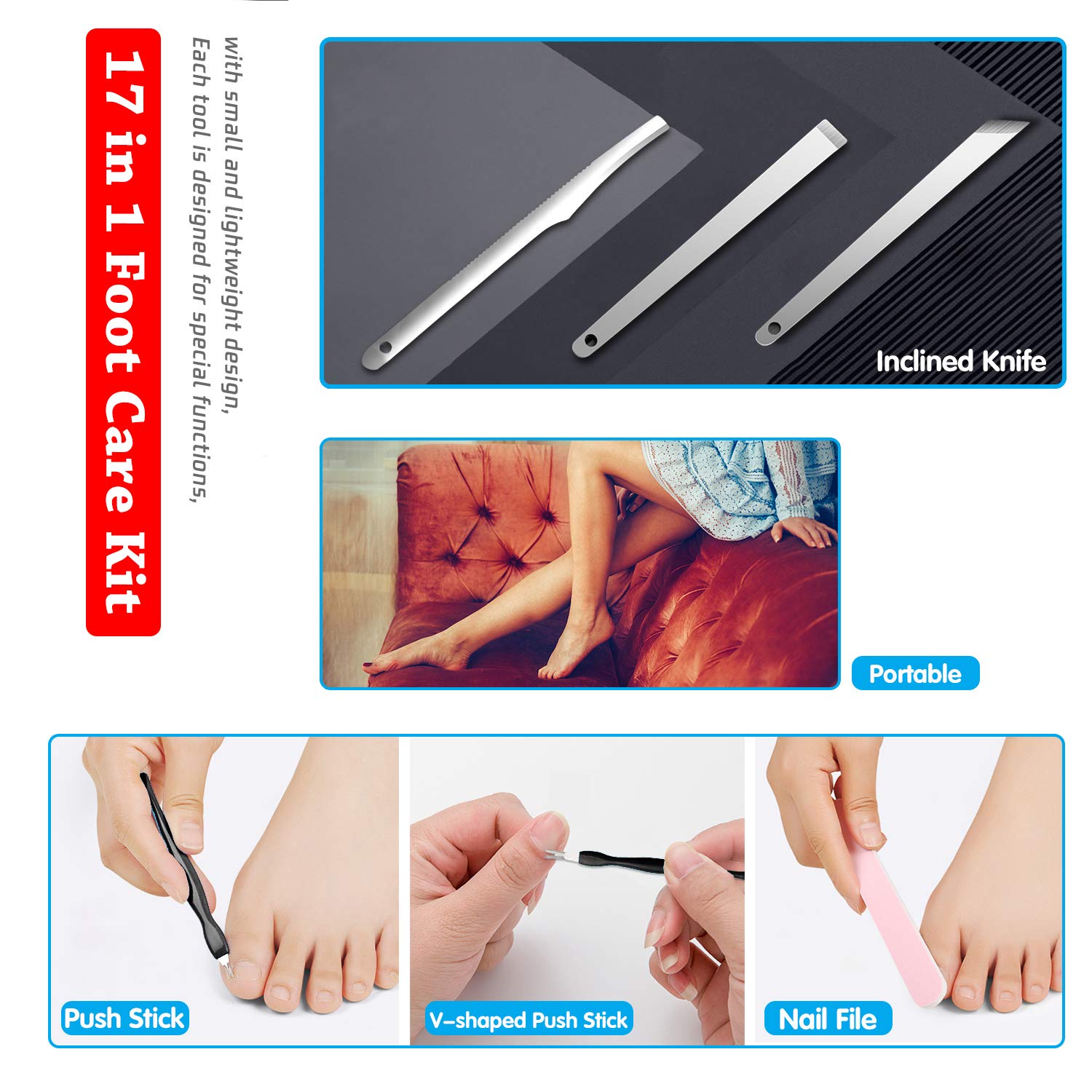 Professional Pedicure Kit(17in1), Stainless Steel Foot File Exfoliating Prevent Clean Dead Skin Tool Kit, Nail Toenail Clipper Foot Care Kit for Men, Women, Salon, Home (Black) : Beauty