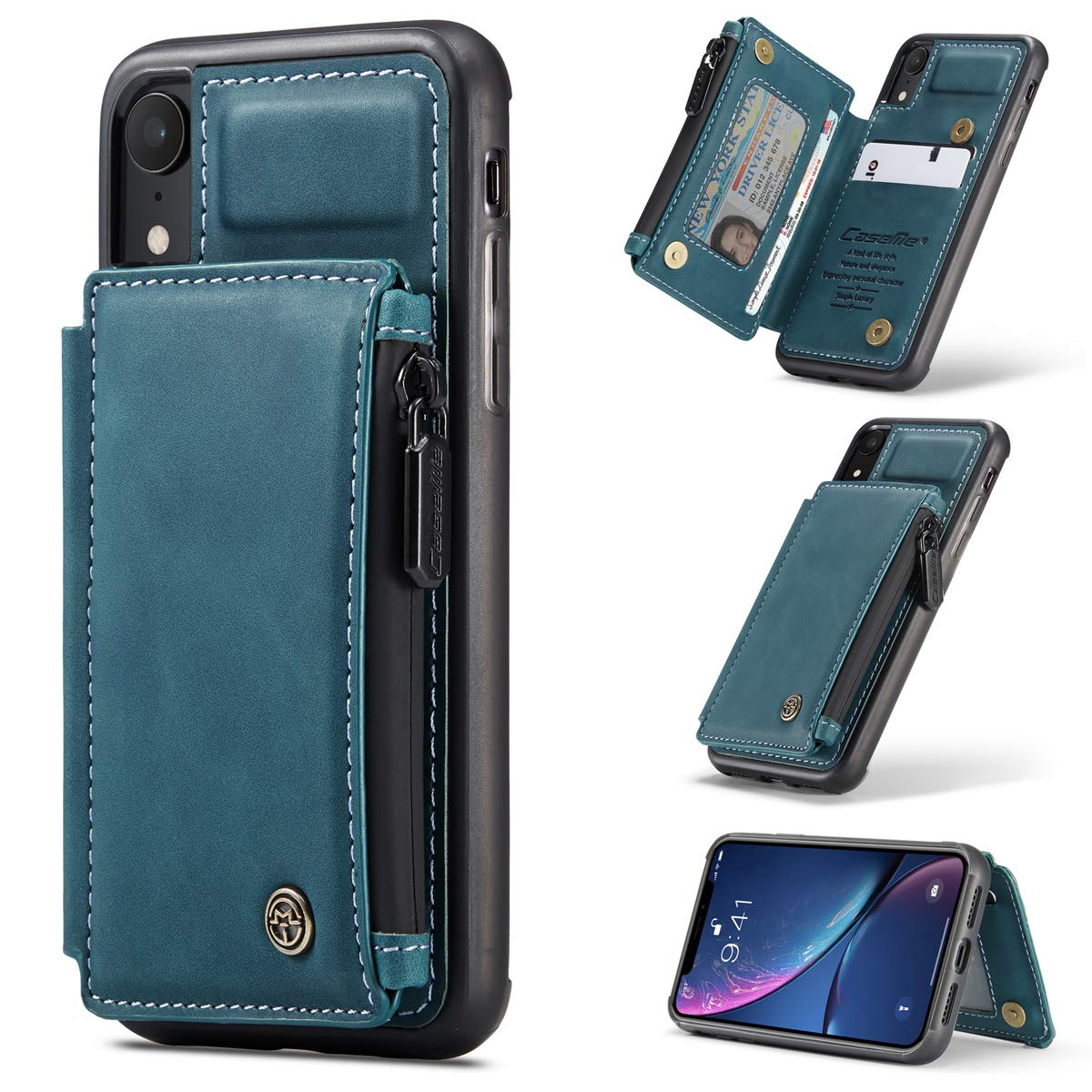 UEEBAI Case for iPhone XR, Vintage PU Leather Case with RFID Blocking Zipper Pocket Wallet Cover Card Slots Magnetic Clasp Kickstand TPU Bumper Shockproof case for iPhone XR - Blue — image 1