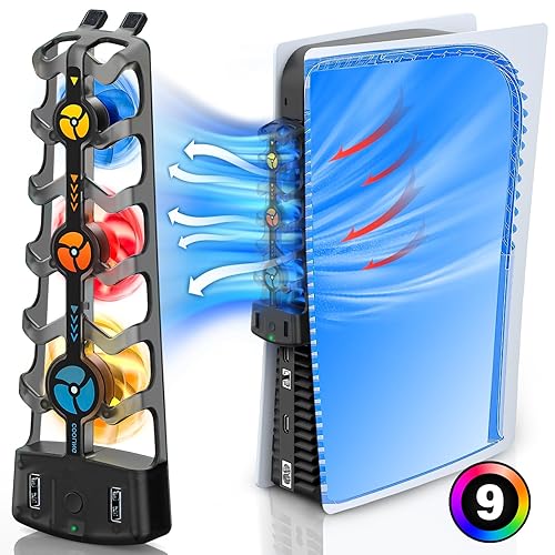 PS5 Cooling Fan, Playstation Cooler Fan with Adjustable Speeds, Quiet  PS5 RGB Cooling System, Efficient Accessories with USB HUB, for