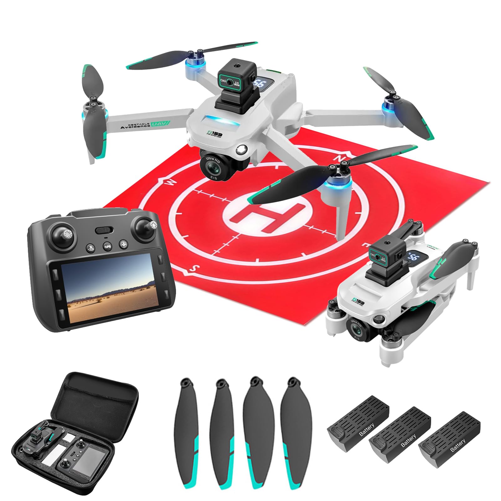 Drones for Adults, Drone for Beginners, GPS Drones 4K, 3 Batteries, 60 Mins Flight, Auto Return, Obstacle Avoidance, Drone with Screen on Controller, with Landing Pad (White)