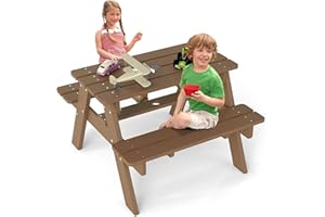 FOOWIN Kids Picnic Table, HDPE All Weather Toddler Picnic Table, Kids Outdoor Table and Chair Set w/Umbrella Hole for Patio, Backyard, Garden, Lawn, Teak
