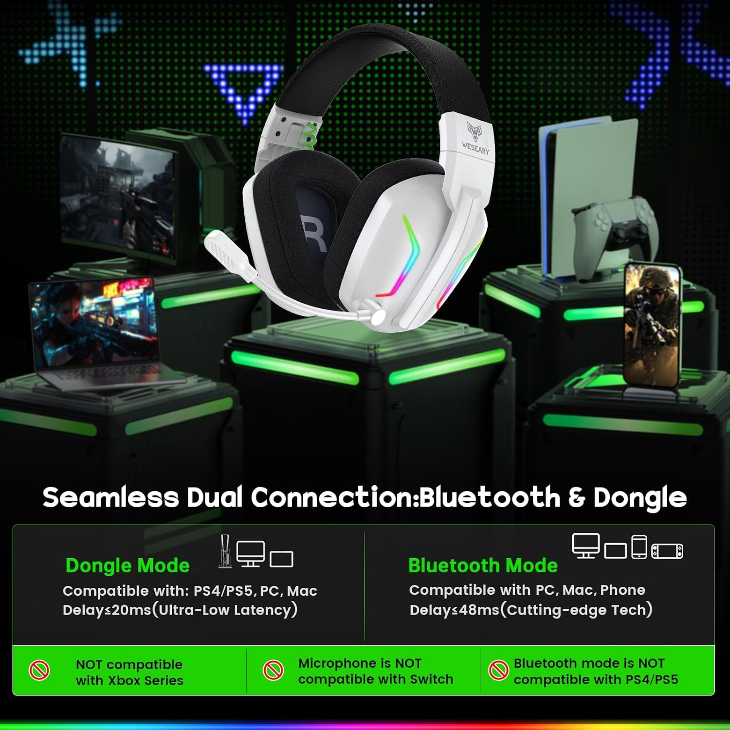 WESEARY Gaming Headset Wireless mit Mikrofon für PS5 PS4 PC Switch Handy 2