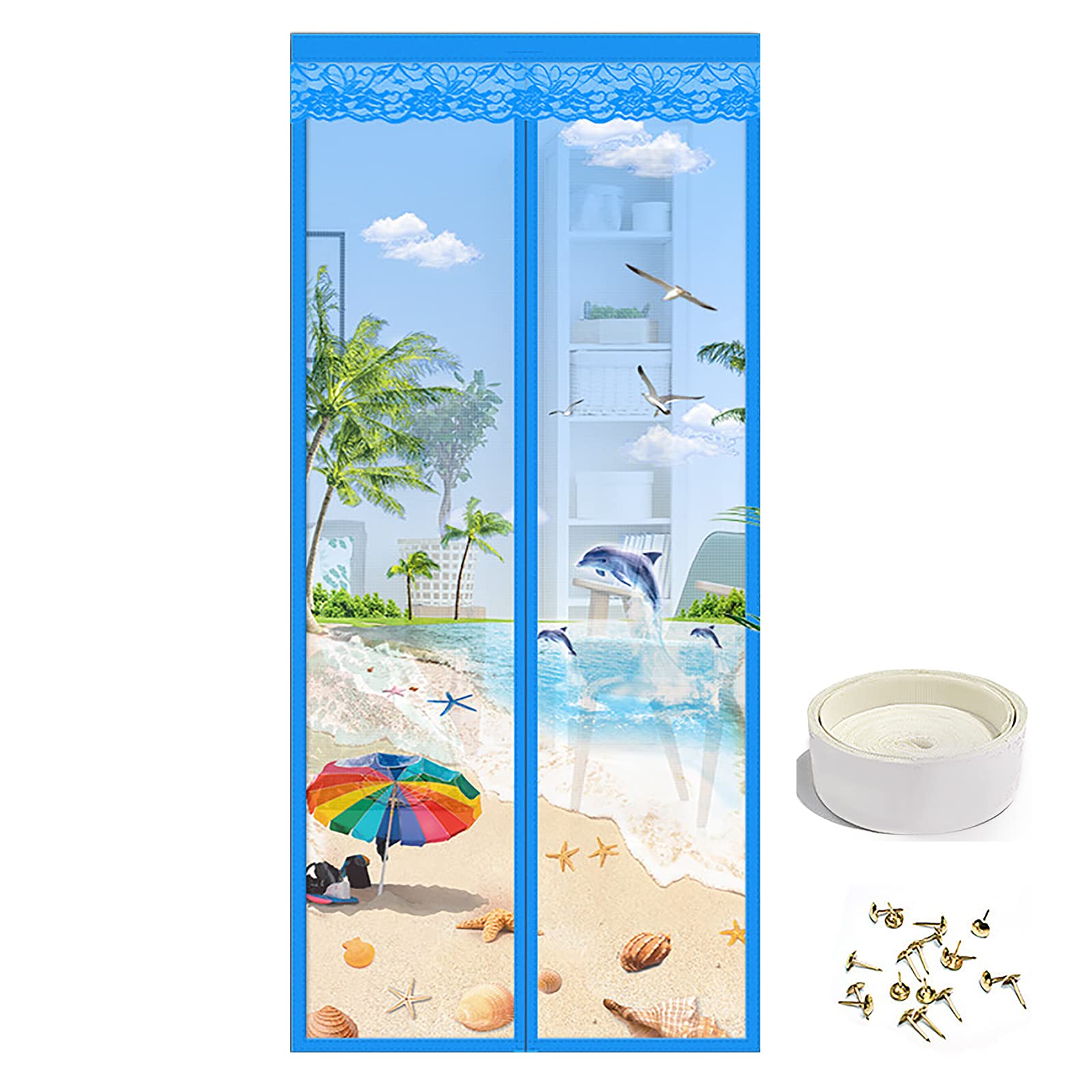 Floral Magnetic Insect Door Screen High Density Fly Bug Mosquito Mesh Curtain Top-to-Bottom Let Fresh Air in Automatically Shut Door Curtain, 90x210 cm/100x210 cm (Sky Blue, 90x210 cm)