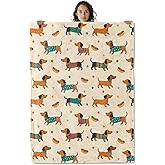 Asivud Playful Dachshund Blanket, Wiener Dogs in Colorful Outfits and Hotdogs 60 x 50 Inch Flannel Throw Blanket, Gifts for Women Kids, Lightweight Cozy Warm Blankets for Sofa Travel Home Decor