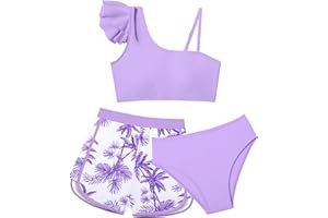 Doumlop Girls Swimsuit Bikini Set 3 Piece Ruffled Bathing Suit for Girls, Tropical Girls' Swimwear with Shorts Size 7-16