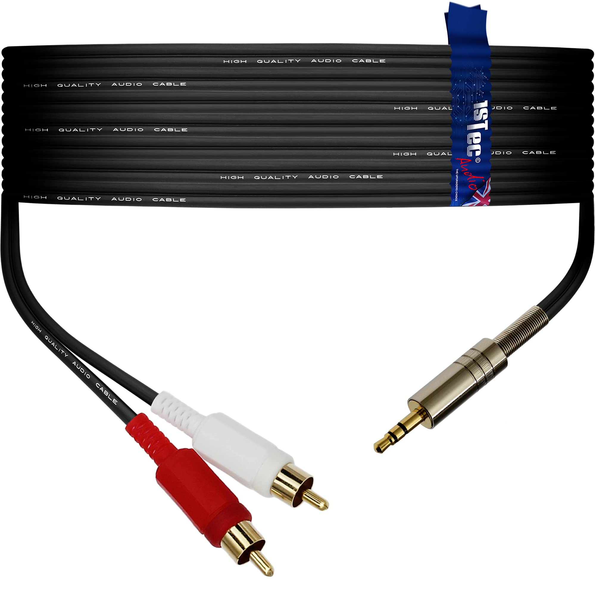 1STec 20m Long Stereo 3.5mm Mini Jack Plug to RCA Male connectors Cable connects Headphone Output on Audio Devices to a HiFi Amplifier Auxiliary/AUX Input on an Amp (20 Metre 1/8" Jack-2 phono)