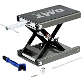 OMT Motorcycle Lift, 1100lb Scissor Jack Stand for ATV Dirt Bike Cruiser | Wide Deck Motorbike Center Stand; Crank Hoist T Handle And 3/8 Inch Socket; 3.7 To 14.6 Inch Lift; 5 Lock Holes; Chain Brush