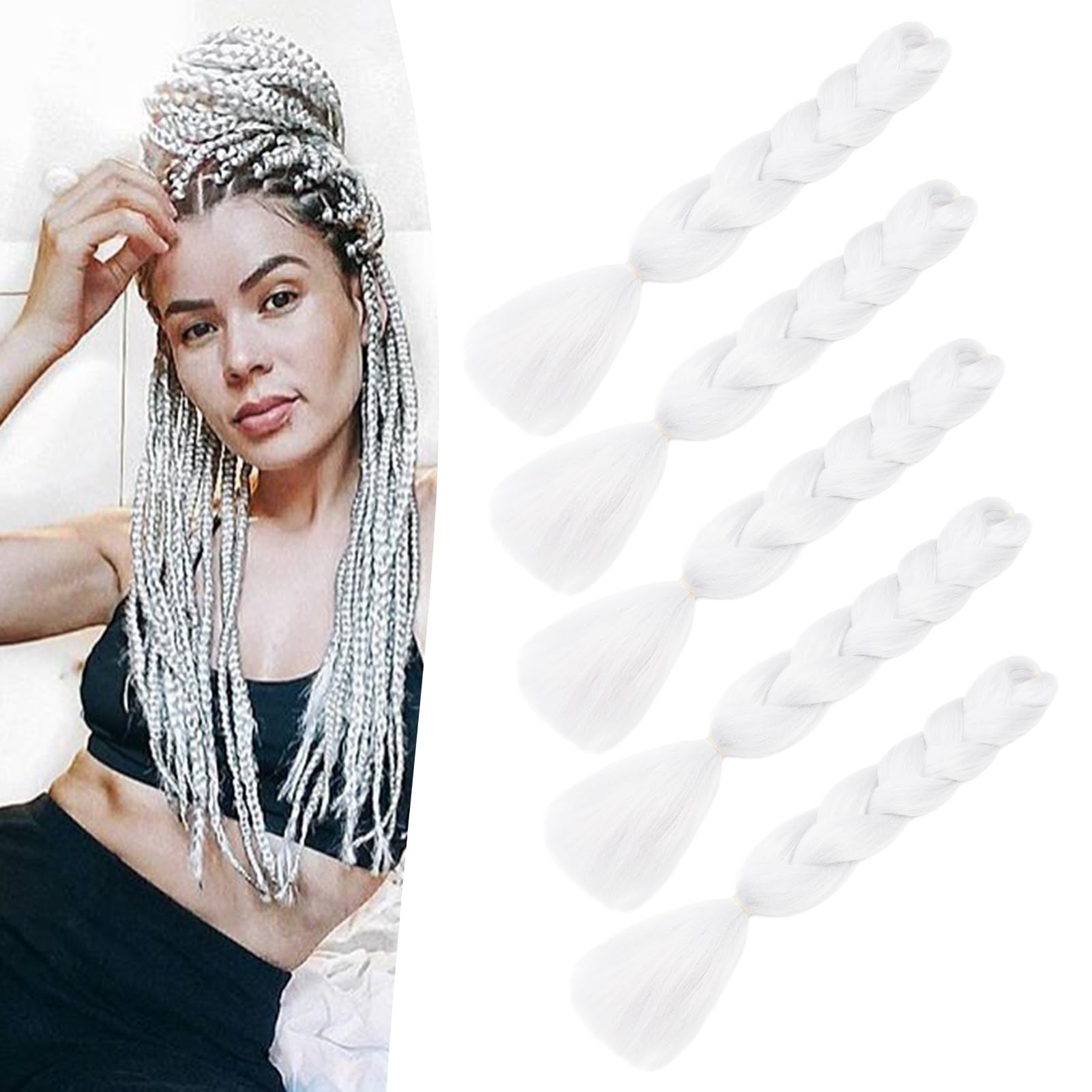Dcbaboo White Hair Extensions for Braiding Jumbo Braiding Hair Extension 5packs 24inch Synthetic Hair Kanekalon Ombre Braids Extensions Hair Afro Crochet Twist Box Braids 500g, White