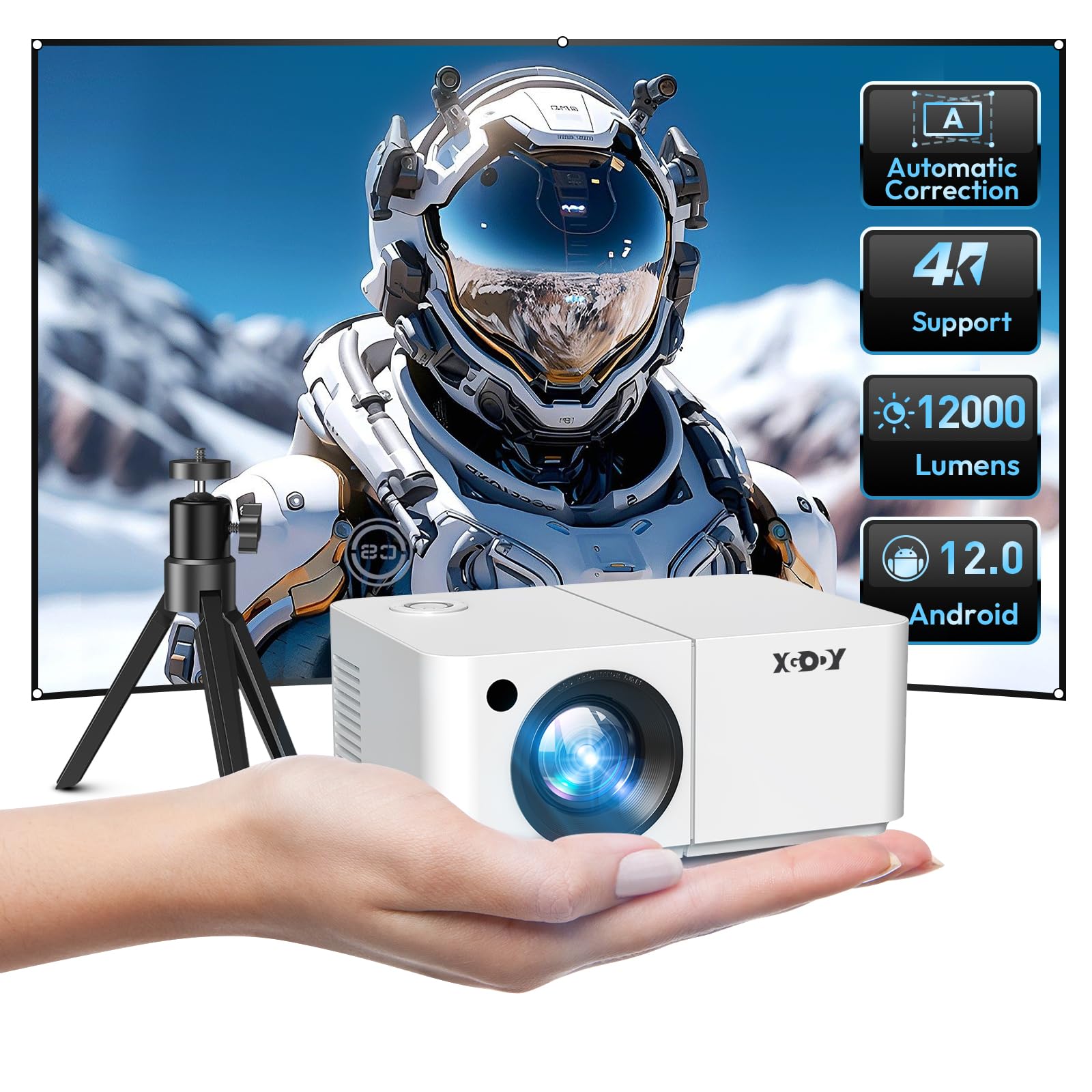 Photo 1 of Mini Smart Projector, XGODY X2 Android 12 Portable HD Projector 12000L 1080P Support with WiFi and Bluetooth, Electric Focus/Keystone, Built-in Netflix, YouTube 8000+ APP, Tripod Included(Pearl White)