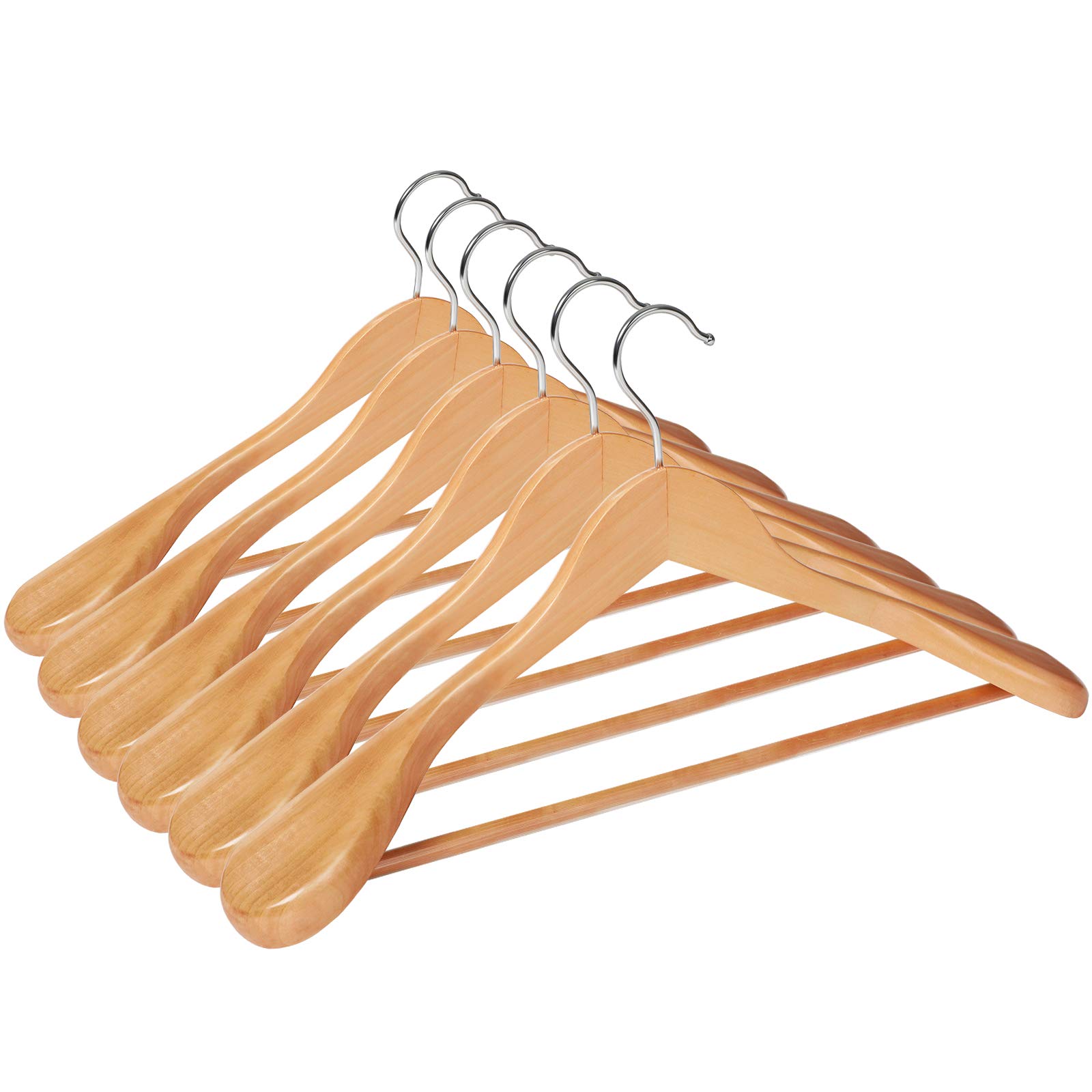 SONGMICS Set of 6 Solid Wood Clothes Hangers with Extra Wide Shoulders Non-Slip Suit Shirt Coat Jacket Pants 360° Swivel Hooks, Wood Color CRSH06NL