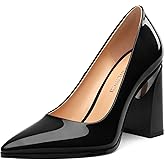 Heisnemca Chunky Block Heels for Women Patent Closed Pointed Toe Pumps Slip on Heels Dress Wedding Shoes 3.5IN
