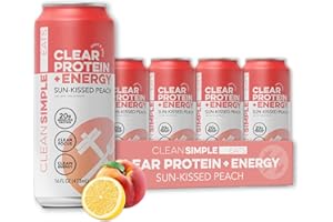 Clean Simple Eats Clear Protein + Energy Drink, 20G Grass Fed Whey Protein Isolate, 100MG Natural Caffeine, L Theanine & Cognatiq, No Artificial Ingredients, Sun-Kissed Peach Flavor, 16 Oz Cans, 12 Pk
