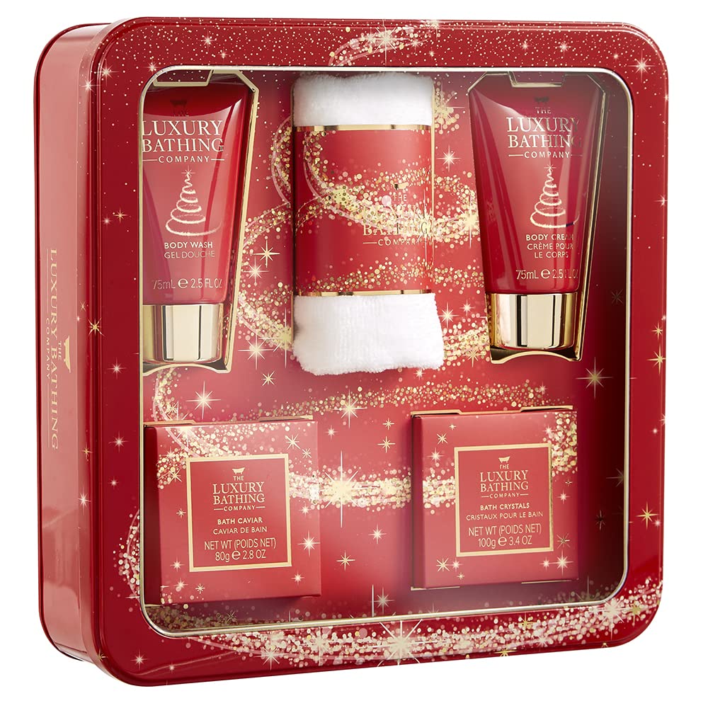 The Luxury Bathing Company - Merry & Bright - Reusable Square Tin, 75ml Body Wash, 75ml Body Cream, 2 x 25g Fizzers, 80g Bath Caviar in Box.