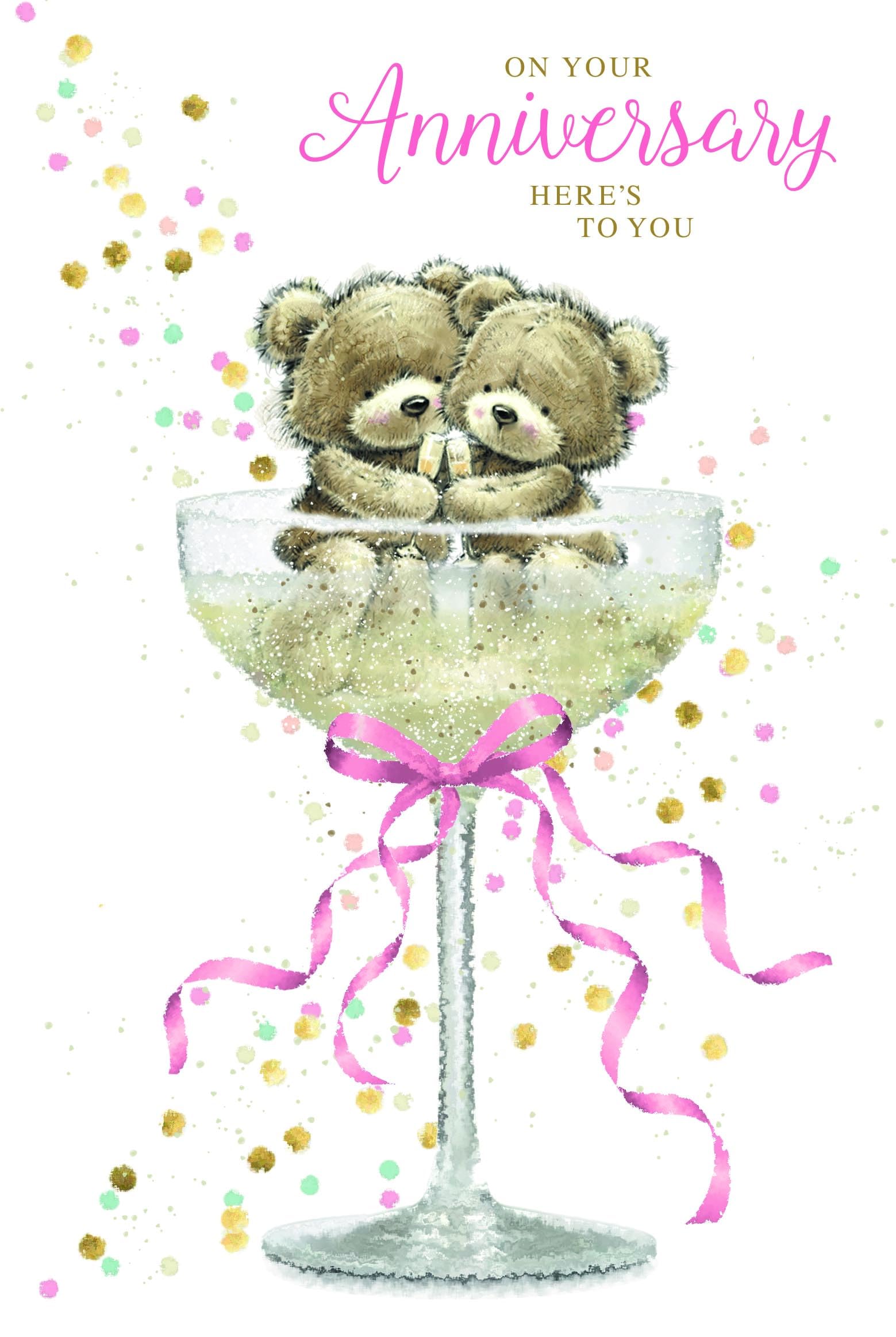 Open Wedding Anniversary Card - Bears in Champagne Glass with Glitter 7.75x5.25
