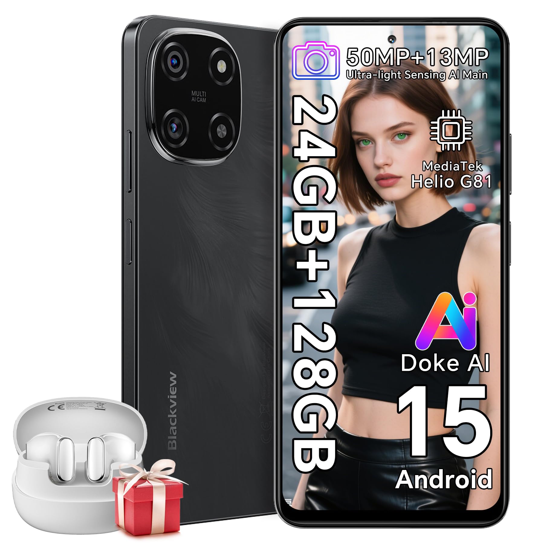 Blackview Color 6 Unlocked Mobile Phones, (2025) Newest, 24GB+128GB/2TB, 50MP+13MP AI Camera, 5000mAh/18W, Dual SIM Smartphone, 4G Android 15 Smart Phone, 5G WiFi/OTG/GPS, Fingerprint/Face ID, Black