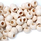 20mm Wood Beads Large Hole, Beige Round Wooden Macrame Beads for Craft Farmhouse Garlands Home Decoration, 50Pcs