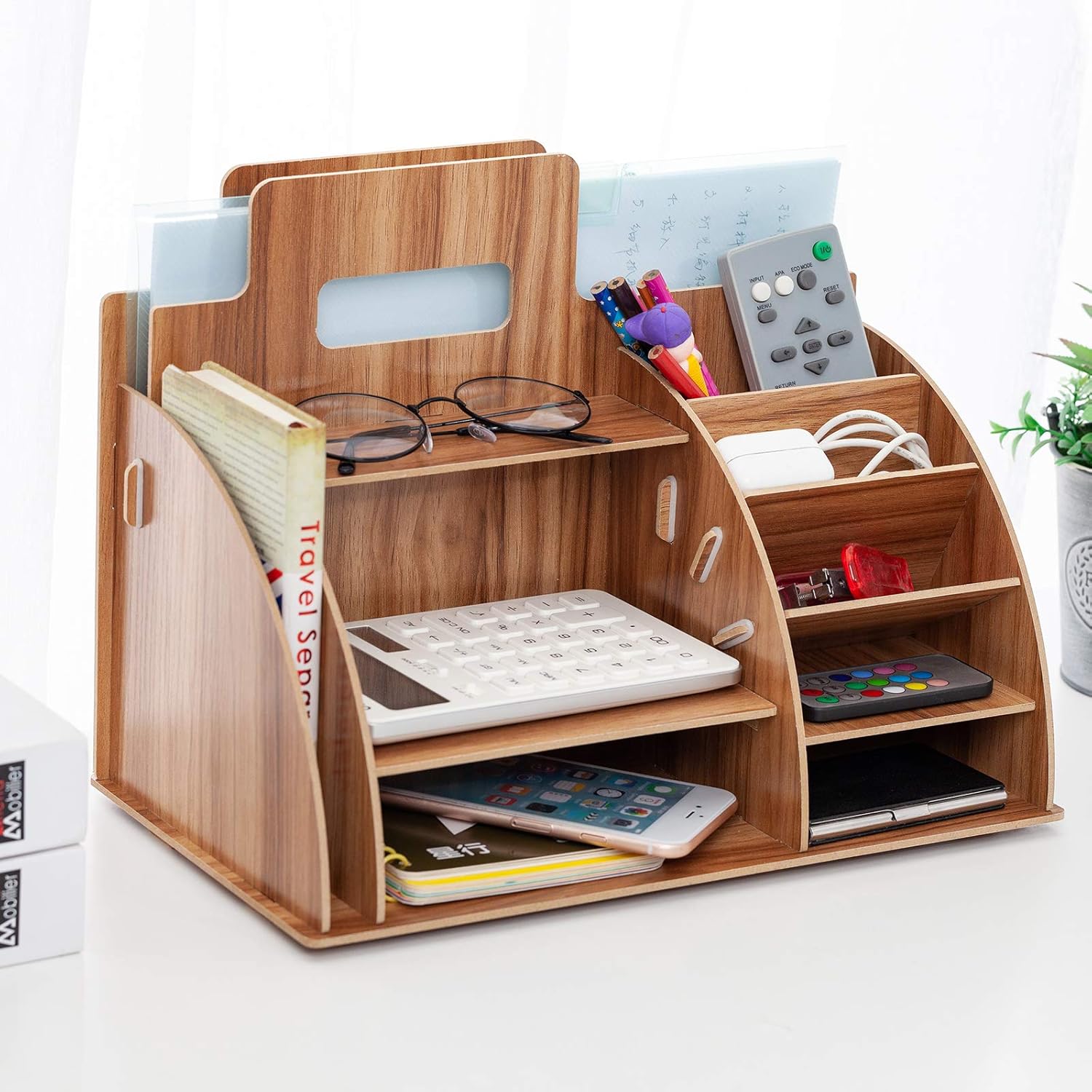 Wood Desk Stationary Organizer and Accessories, Multi-Functional Desktop Organizer, Large Capacity Pen Organizer File Holder with 10 Compartments for Office, School, Home Supplies Organization: Home Improvement