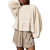MISSACTIVER Women Oversized Crop Sweatshirts Crew Neck Long Puff Sleeve Lace Babydoll Top Casual Peplum Pullovers Tops