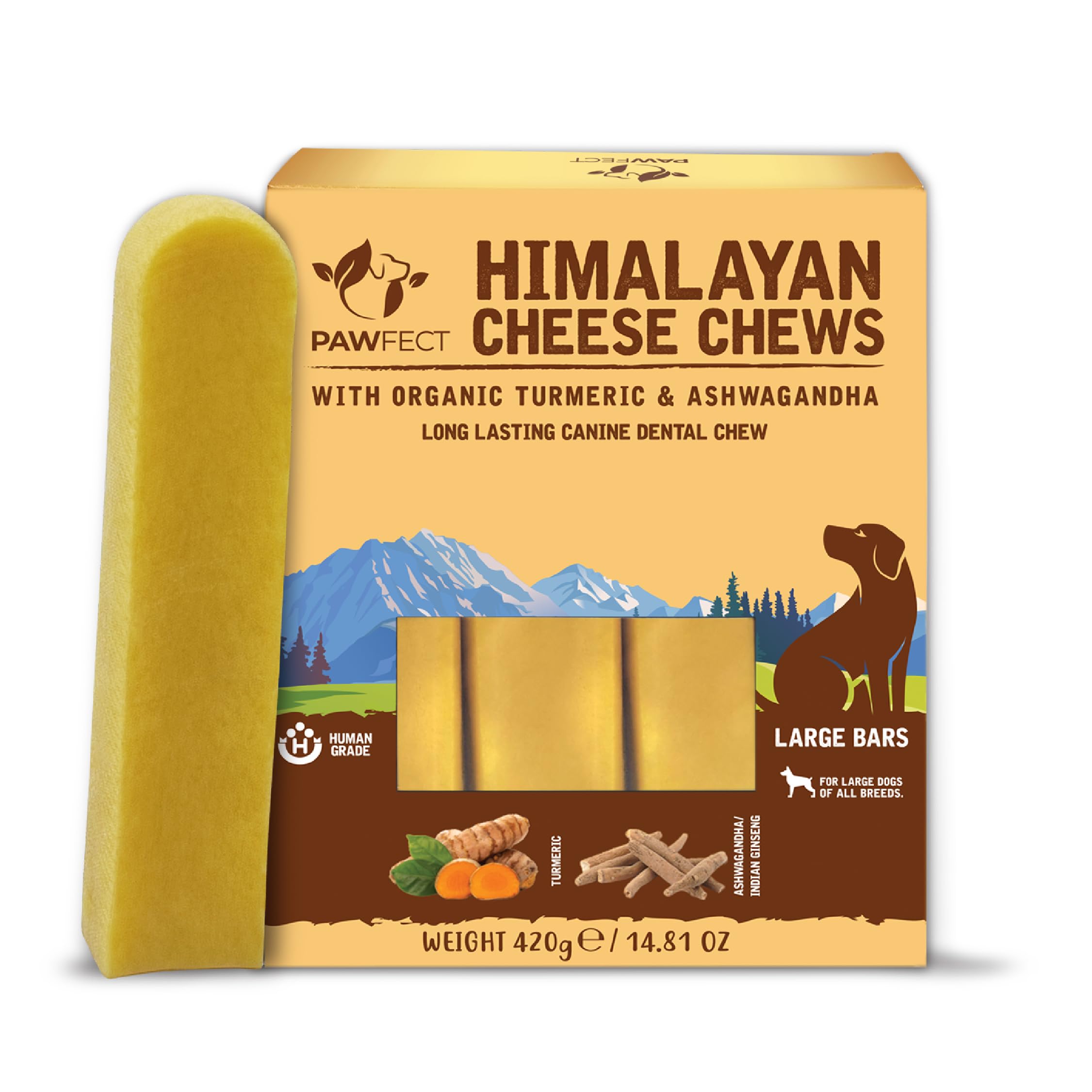Pawfect Himalayan Yak Cheese Chews with Turmeric & Ashwagandha for Large Dogs - 100% Natural Dental Stick- Cleans Teeth- Plaque Off and Tartar Control -High Protein Chews - Pack of 3 (420g/14.81oz)