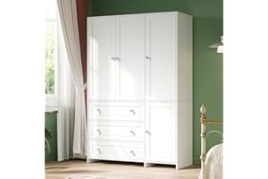 VOWNER Armoire Wardrobe Closet with Drawers and Mirror, 71" Clothing Storage Cabinet with Hanging Rod, 4 Doors Wooden Wardrobe Cabinet for Bedroom, Large Capacity Storage