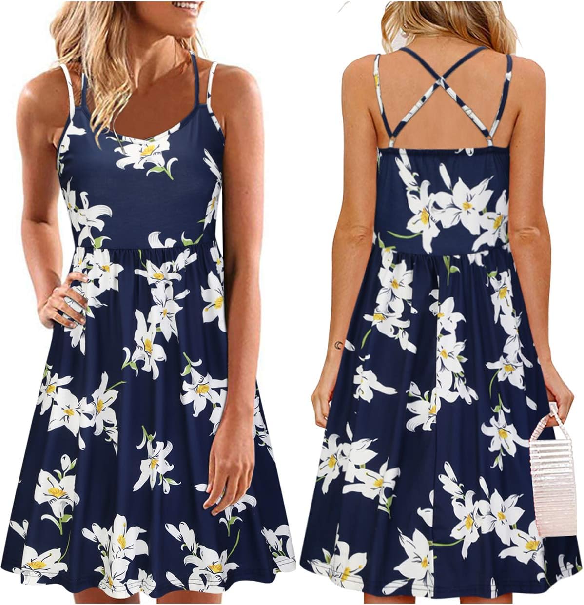 ULTRANICE Women's Summer Floral Sleeveless Adjustable Spaghetti Backless Short Dress