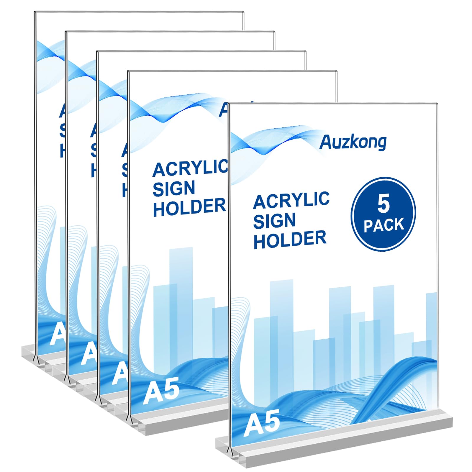 Auzkong A5 Acrylic Sign Holders, Double-Sided Vertical Display Stand, Plastic Paper Holder, T-Shaped Desktop Table Menu Stand for Restaurants, Office, Store (A5-5 Pack)